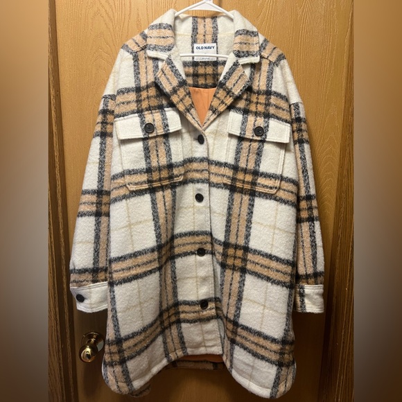 Old Navy Jackets & Blazers - Tan, Cream, & Charcoal Plaid Peacoat